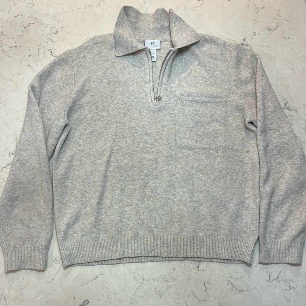 H&M Men's Heather‎ Cream  Zip-Up Sweater